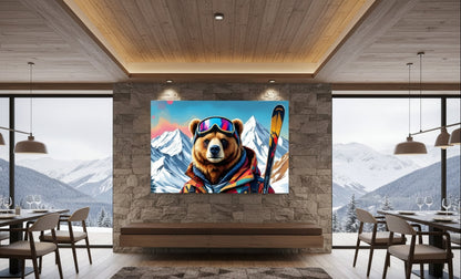 Tableau ours décalé en montagne, illustration moderne et colorée
