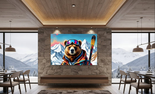 Tableau ours décalé en montagne, illustration moderne et colorée
