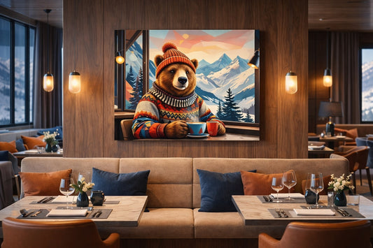 Tableau contemporain d'un ours revisité dans un univers montagne. Décoration murale dans un restaurant de montagne chic