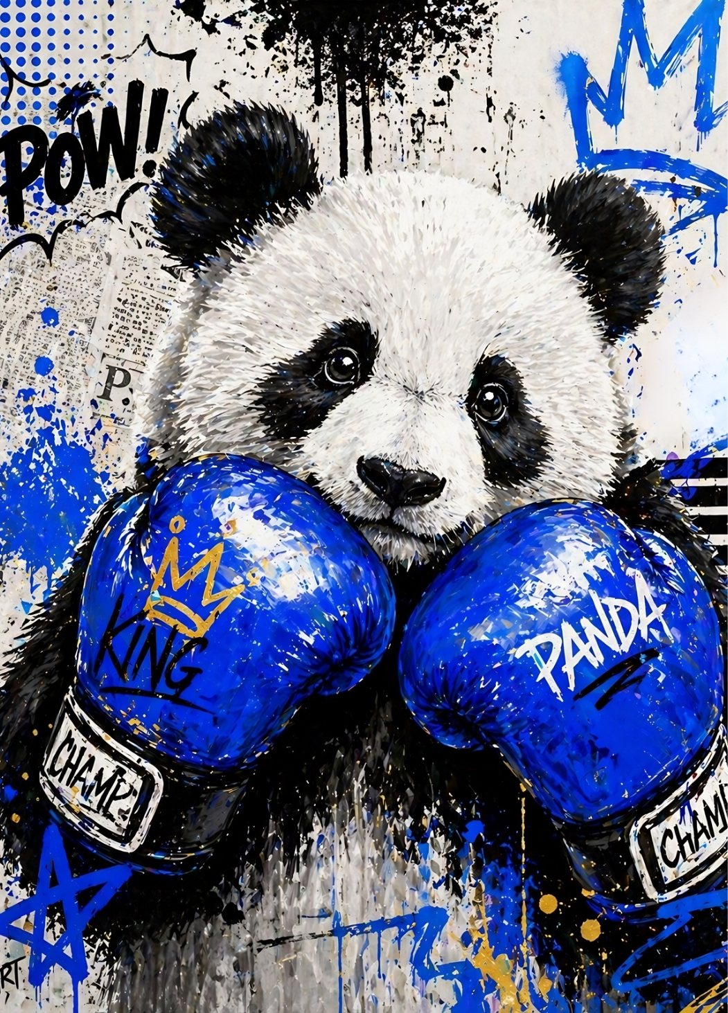 Tableau panda boxe street art avec gants bleus et ambiance graffiti contemporaine
