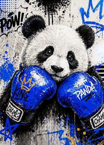 Tableau panda boxe street art avec gants bleus et ambiance graffiti contemporaine
