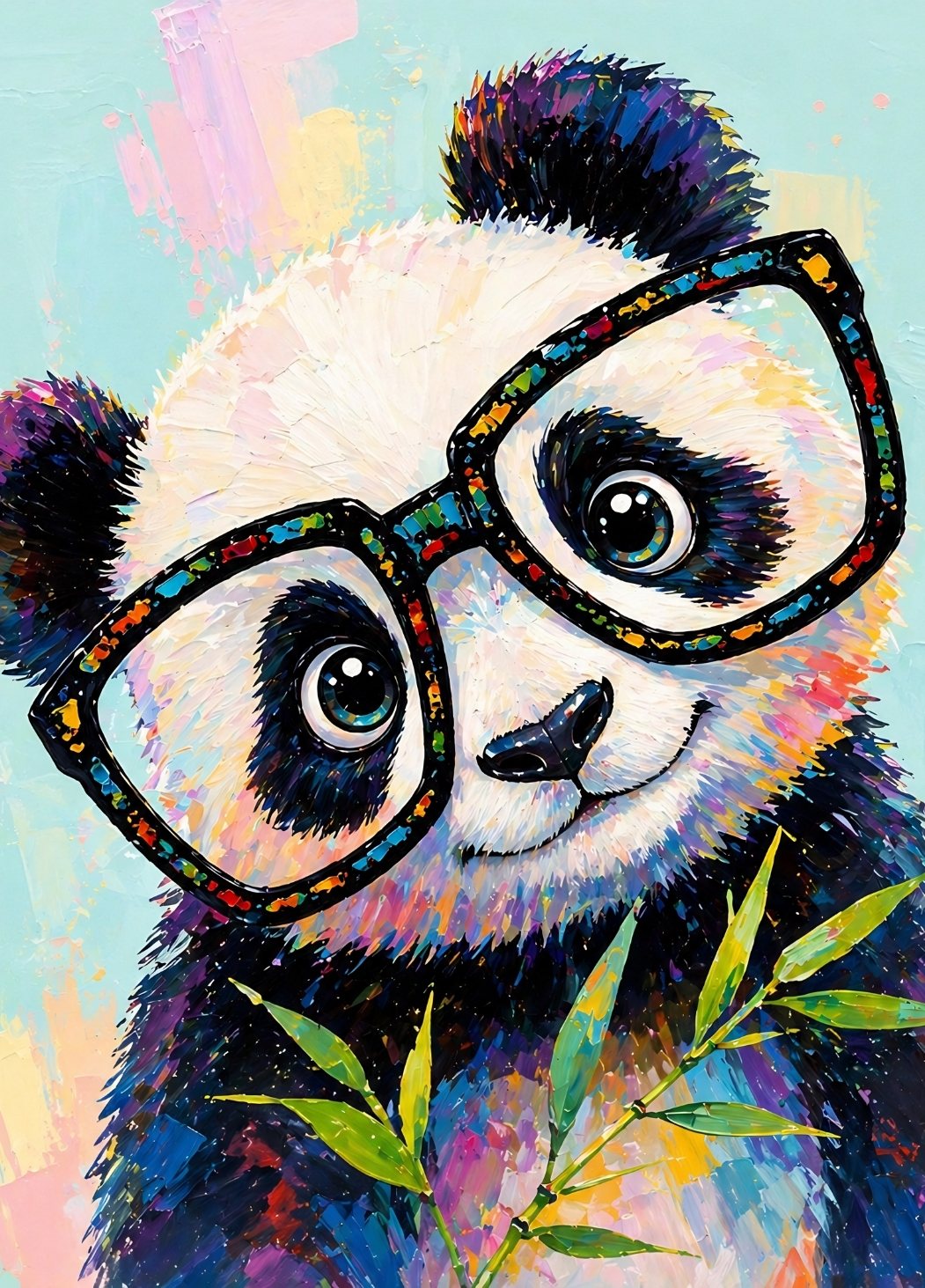 Tableau panda pop art coloré avec grandes lunettes design et peinture contemporaine moderne
