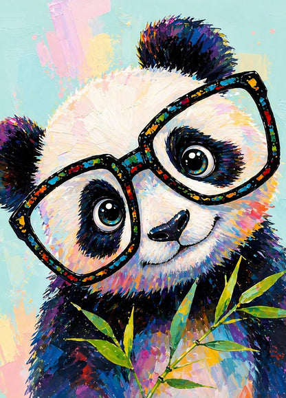 Tableau panda pop art coloré avec grandes lunettes design et peinture contemporaine moderne
