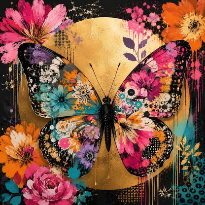 Papillon coloré entouré de fleurs sur fond noir
