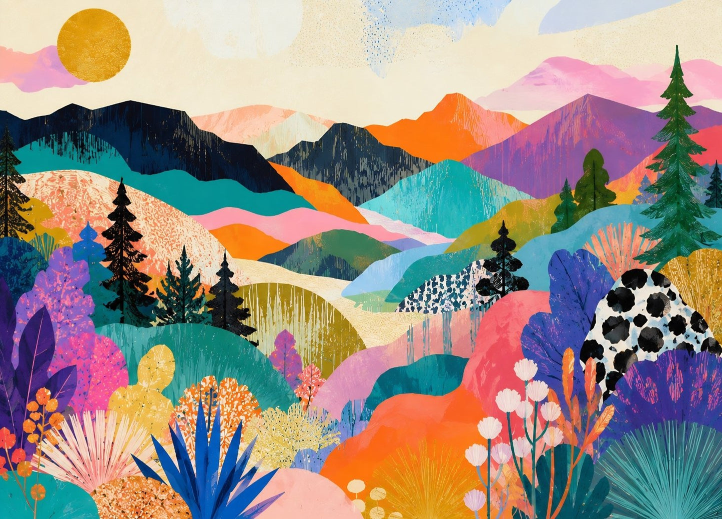 Paysage abstrait contemporain coloré avec montagnes stylisées végétation graphique et ambiance artistique moderne
