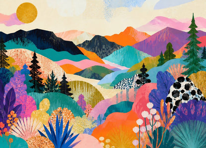 Paysage abstrait contemporain coloré avec montagnes stylisées végétation graphique et ambiance artistique moderne
