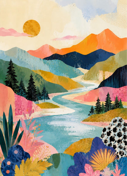 Paysage abstrait contemporain coloré avec rivière montagnes et végétation dans un style figuratif moderne
