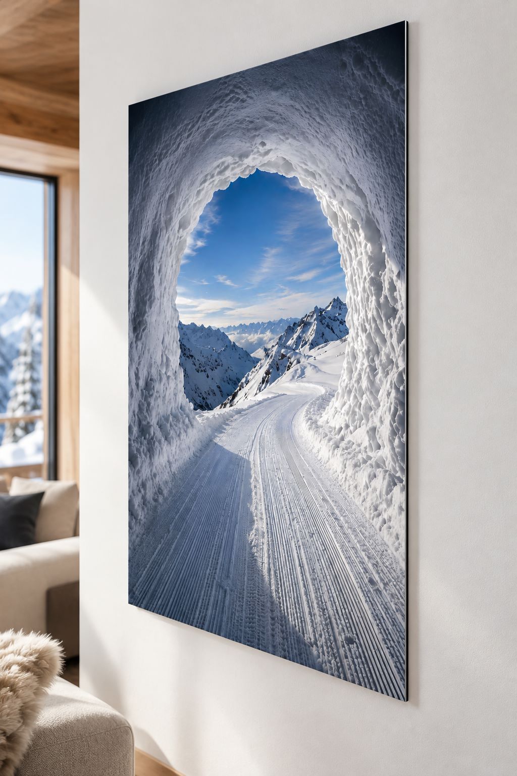 Tableau de montagne Échappée Alpine sur aluminium Dibond, avec voûte de neige, ciel bleu et panorama alpin

