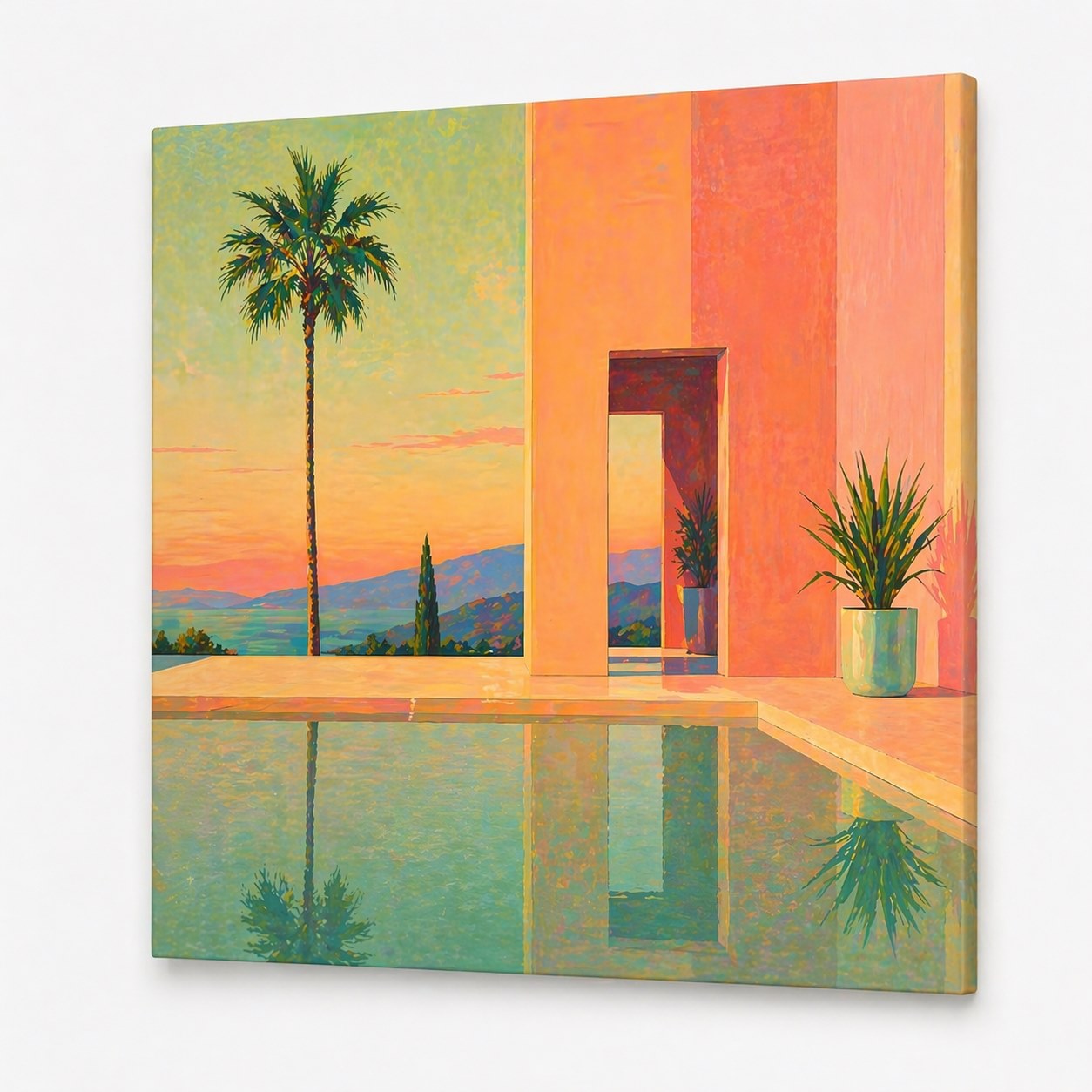 Tableau contemporain avec lignes épurées et ambiance lumineuse inspirée des villas modernes
