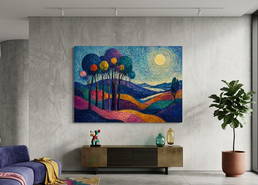 Décoration murale paysage artistique coloré avec inspiration picturale contemporaine expressive

