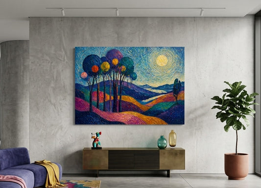 Décoration murale paysage artistique coloré avec inspiration picturale contemporaine expressive
