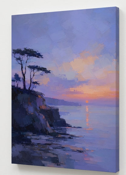 Paysage marin contemporain avec falaises rocheuses, pins maritimes et horizon lumineux
