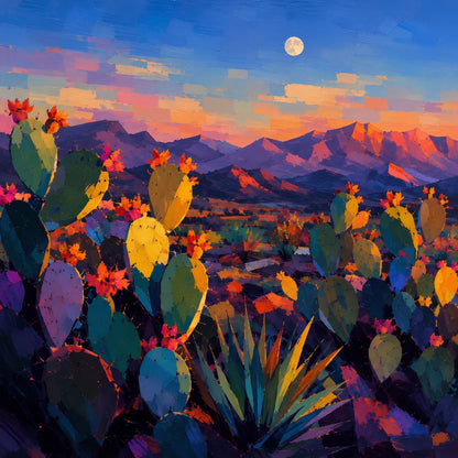 Paysage coloré de cactus et montagnes sous la lune
