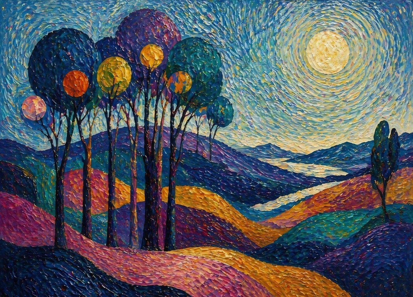 Paysage expressionniste coloré inspiré du post impressionnisme avec ciel lumineux et collines artistiques

