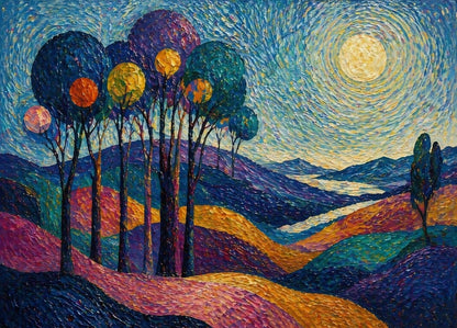 Paysage expressionniste coloré inspiré du post impressionnisme avec ciel lumineux et collines artistiques

