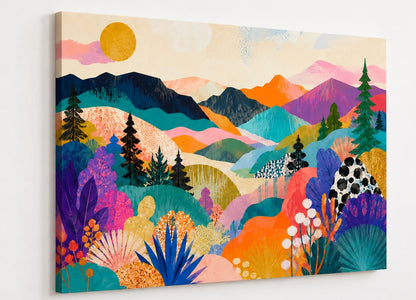 Tableau paysage contemporain inspiré de la figuration moderne et des paysages abstraits colorés
