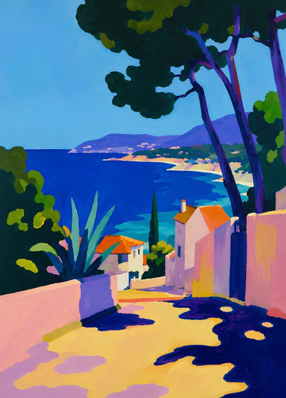 Tableau paysage méditerranéen avec village blanc dominant une baie turquoise
