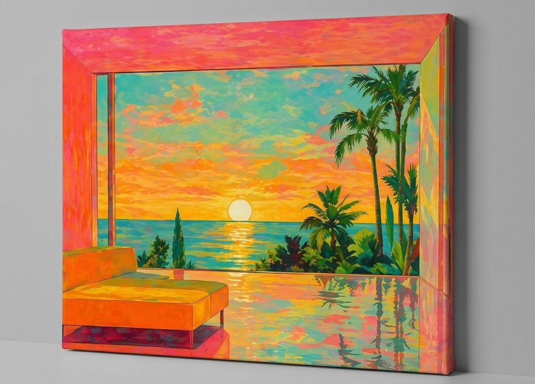 Tableau contemporain paysage mer avec architecture moderne et ambiance tropicale lumineuse et apaisante
