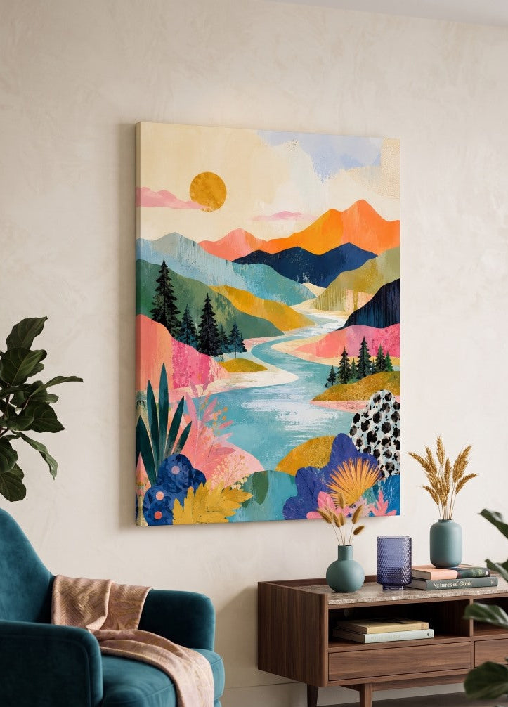 Décoration murale paysage abstrait contemporain aux couleurs lumineuses et ambiance artistique poétique
