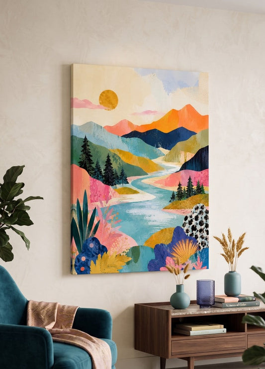 Décoration murale paysage abstrait contemporain aux couleurs lumineuses et ambiance artistique poétique
