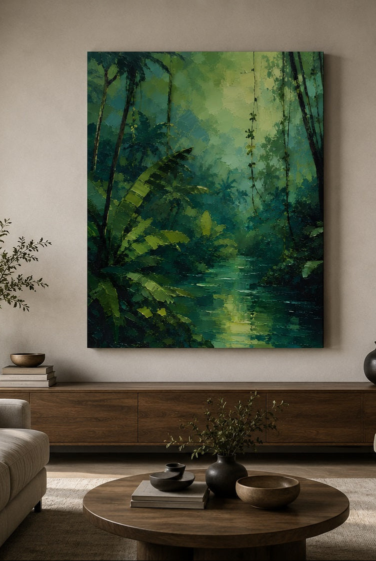 Tableau paysage contemporain inspiré des forêts tropicales et des grands espaces naturels
