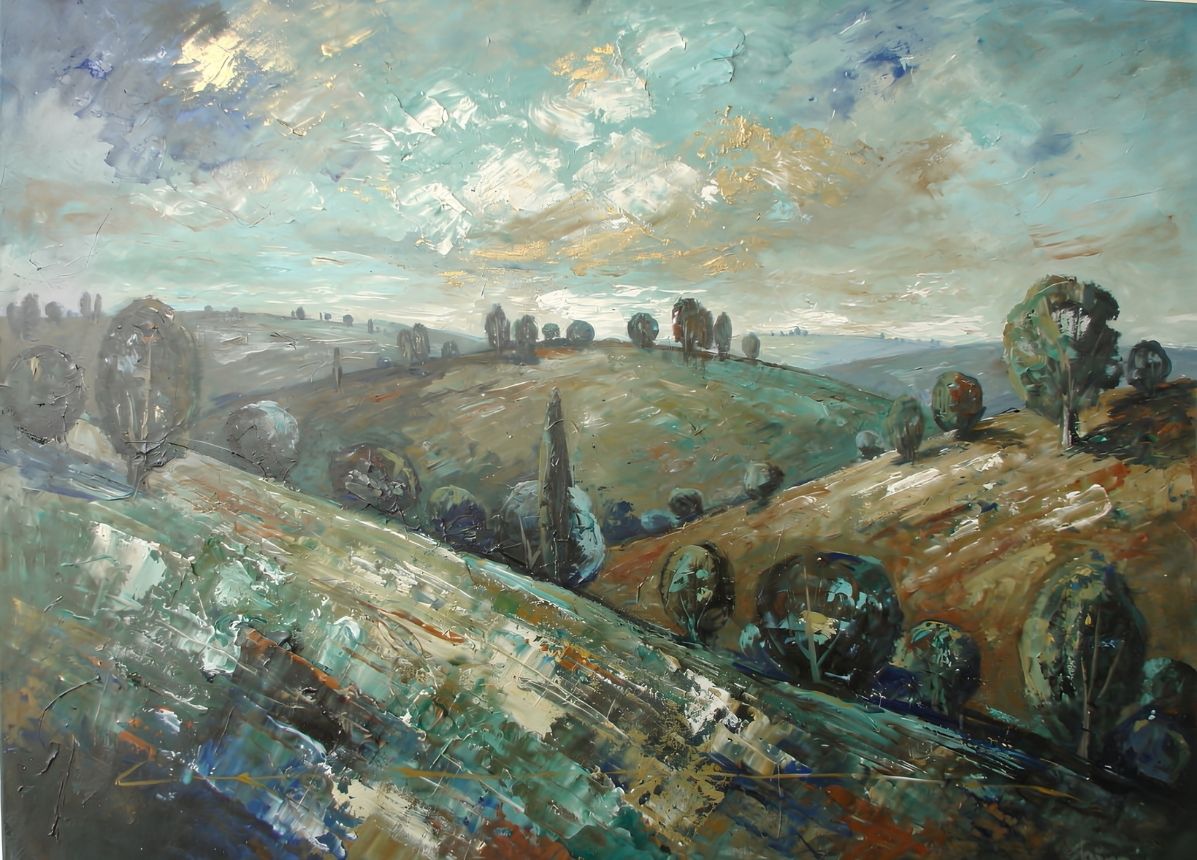 Collines vallonnées et campagne lumineuse peintes dans un style contemporain riche en textures
