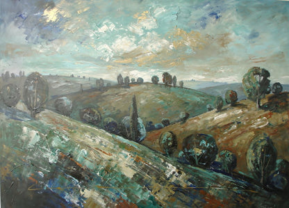 Collines vallonnées et campagne lumineuse peintes dans un style contemporain riche en textures
