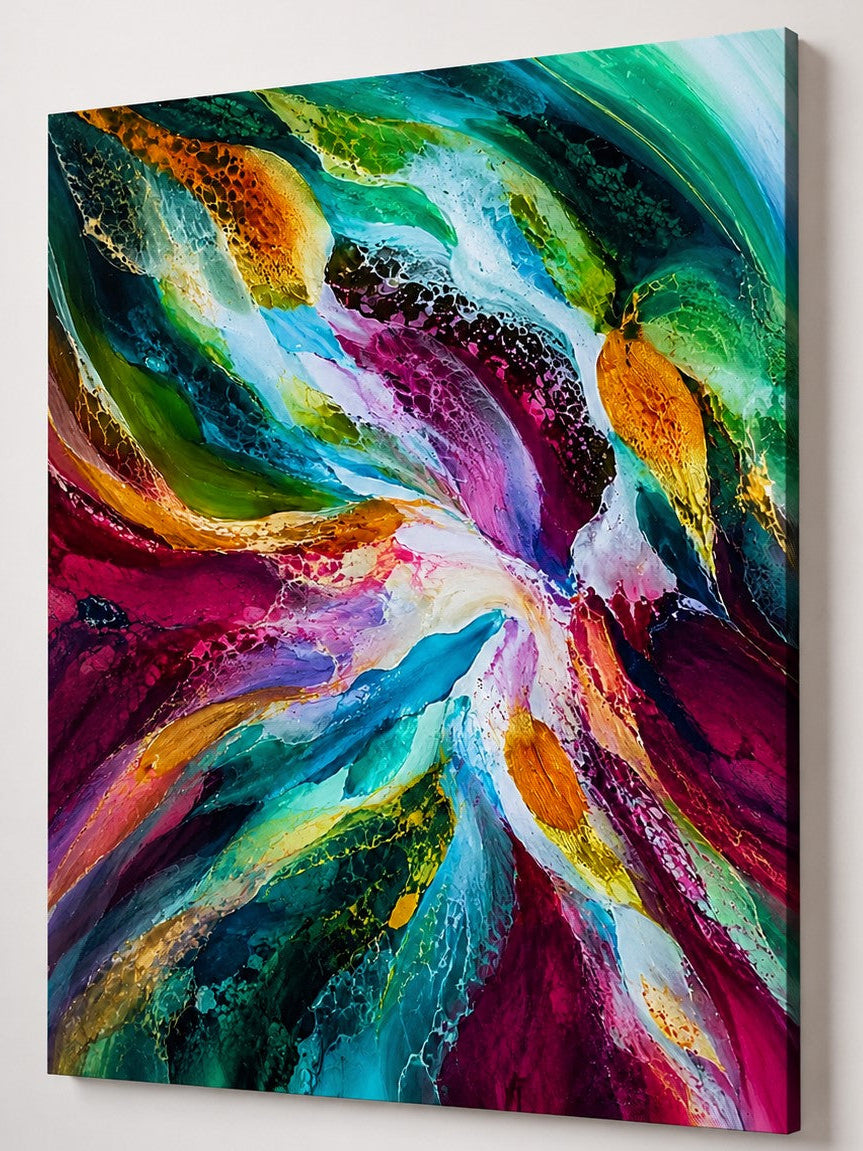 Peinture abstraite contemporaine aux couleurs éclatantes et effets de matière.
