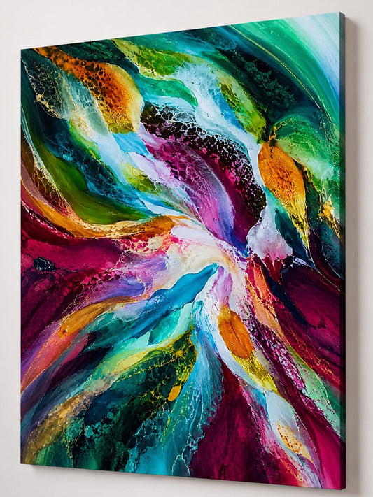 Peinture abstraite contemporaine aux couleurs éclatantes et effets de matière.
