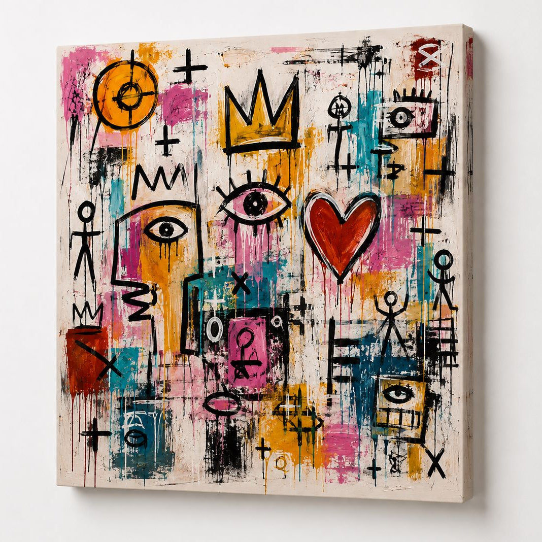 Tableau contemporain avec personnages et visages stylisés, enrichi de couleurs vives, de signes graphiques et de tracés noirs spontanés.
