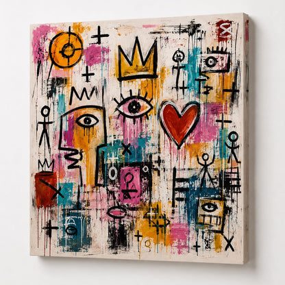 Tableau contemporain avec personnages et visages stylisés, enrichi de couleurs vives, de signes graphiques et de tracés noirs spontanés.
