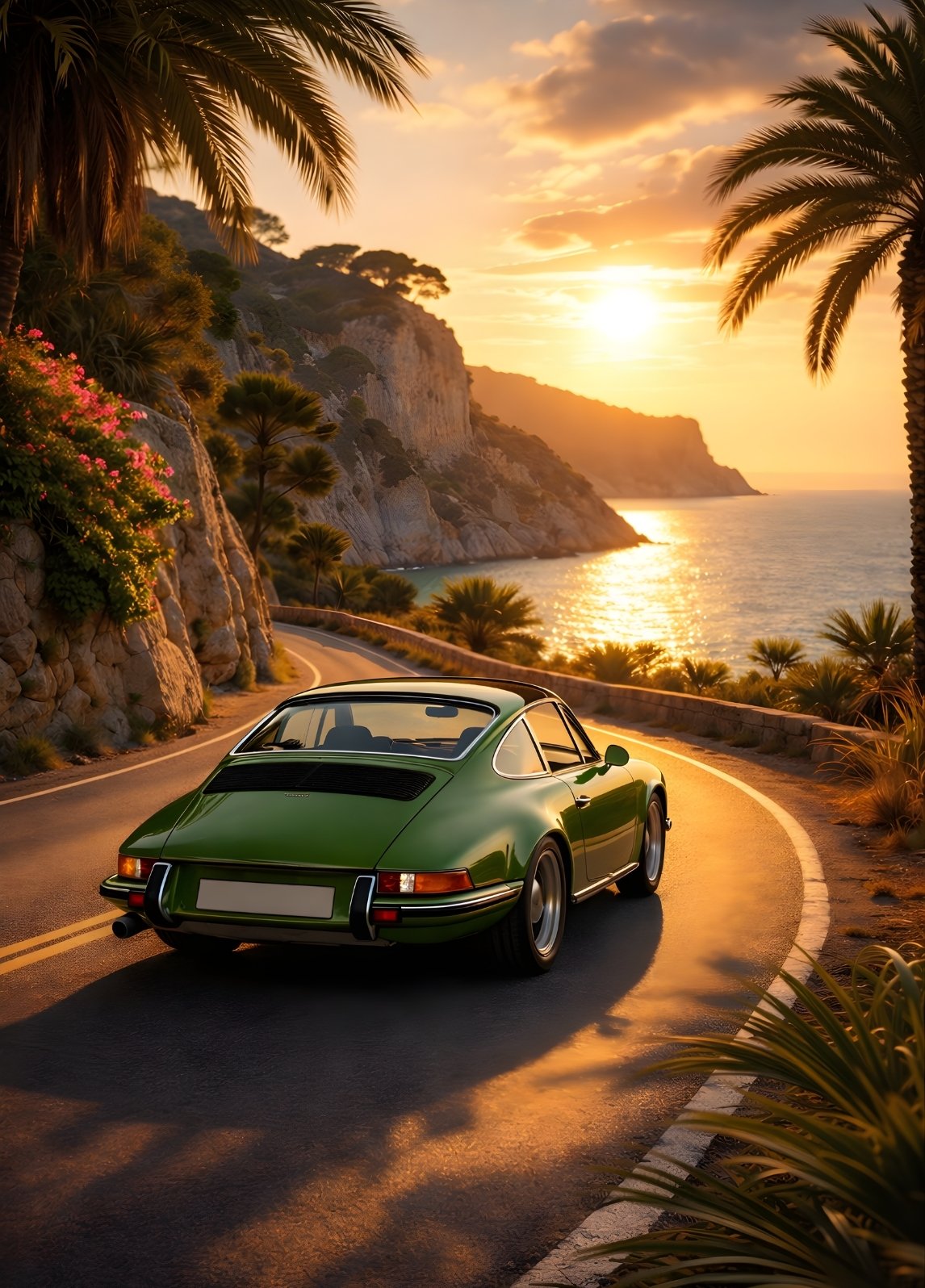 Tableau Porsche 911 verte sur route côtière au coucher de soleil
