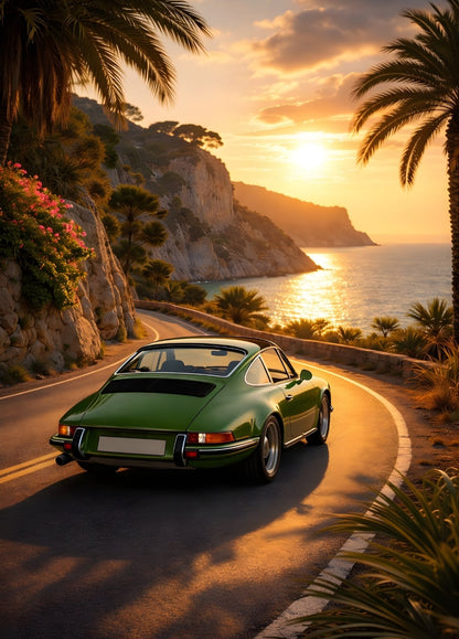 Tableau Porsche 911 verte sur route côtière au coucher de soleil
