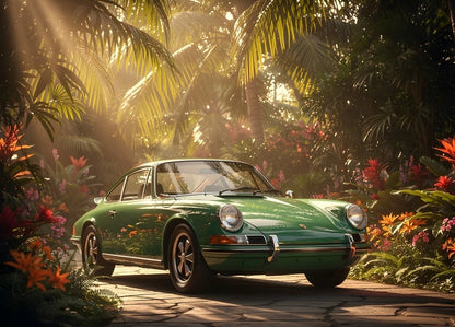Tableau Porsche 911 verte dans un décor tropical lumineux et élégant
