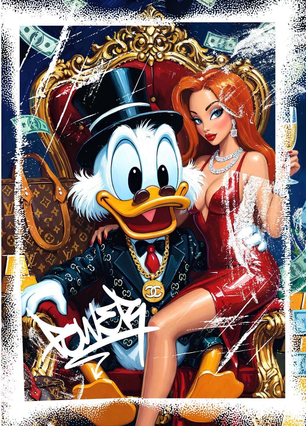 Tableau Picsou revisité dans un univers glamour et street art contemporain
