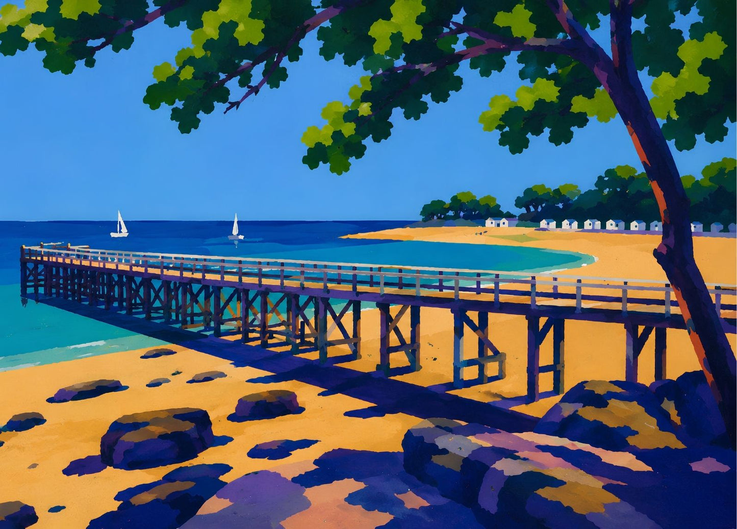 Tableau contemporain représentant la Plage des Dames à Noirmoutier avec son ponton en bois et son ambiance lumineuse inspirée de la côte Atlantique.

