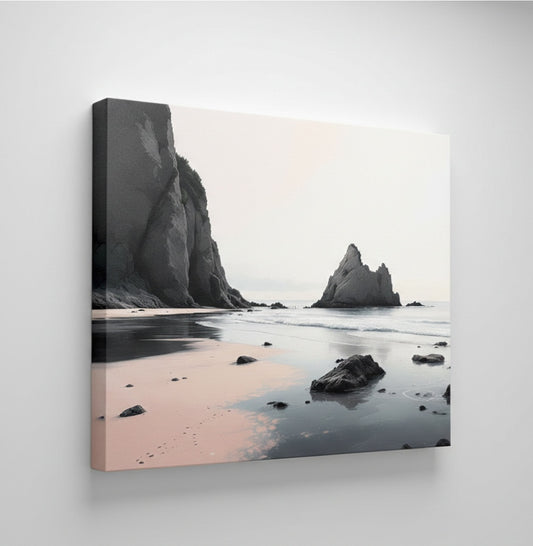 Tableau plage minimaliste intégré dans une décoration murale contemporaine
