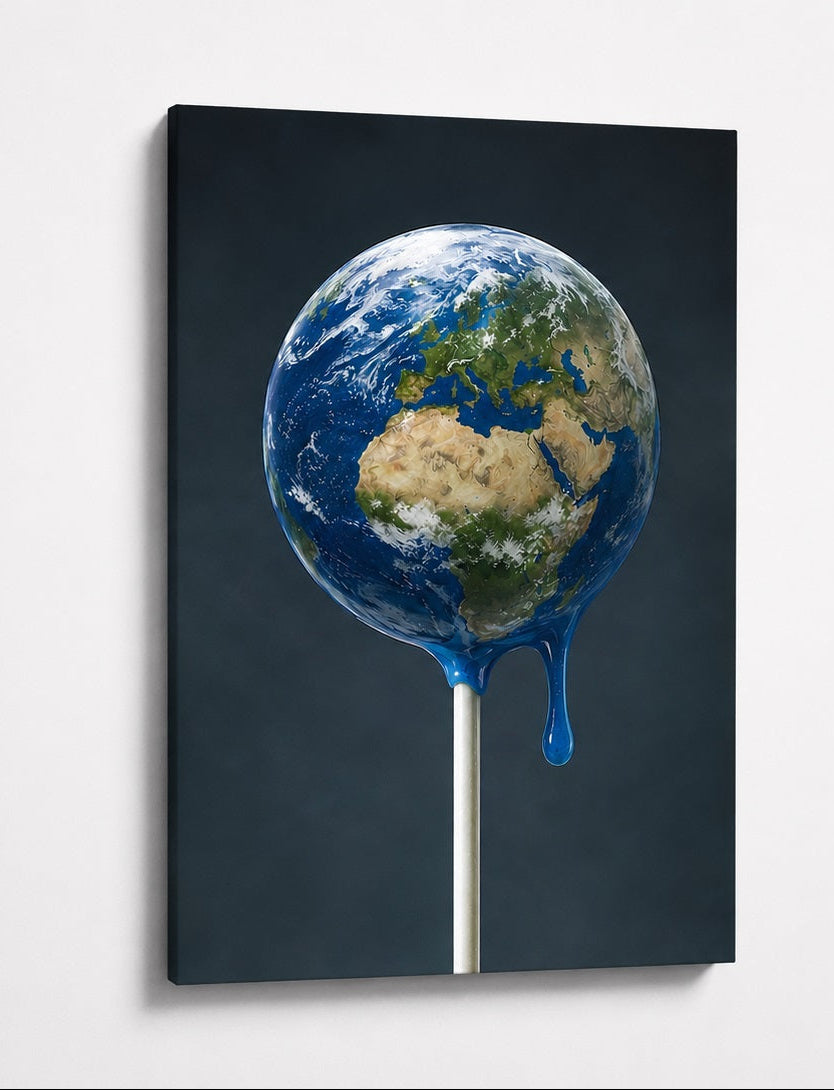 Tableau conceptuel contemporain représentant la fragilité de la planète à travers une image symbolique et design
