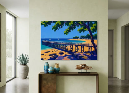 Tableau décoratif représentant le célèbre ponton de la Plage des Dames à Noirmoutier dans un style de peinture contemporaine.
