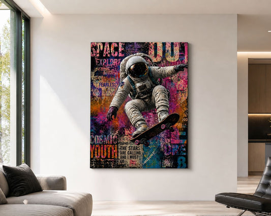 Tableau pop art astronaute skateboard avec design moderne et univers urbain
