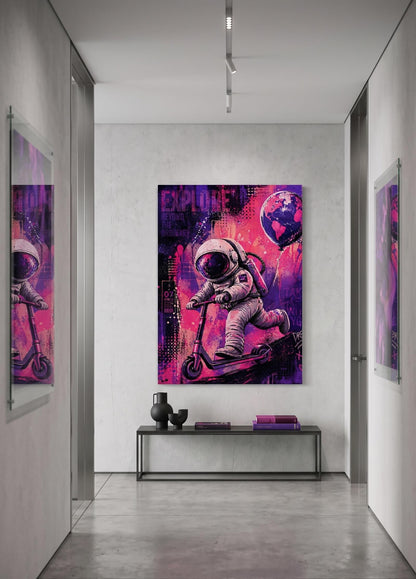 Tableau pop art astronaute trottinette avec style urbain et moderne
