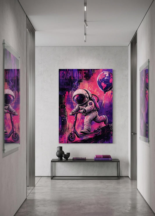 Tableau pop art astronaute trottinette avec style urbain et moderne
