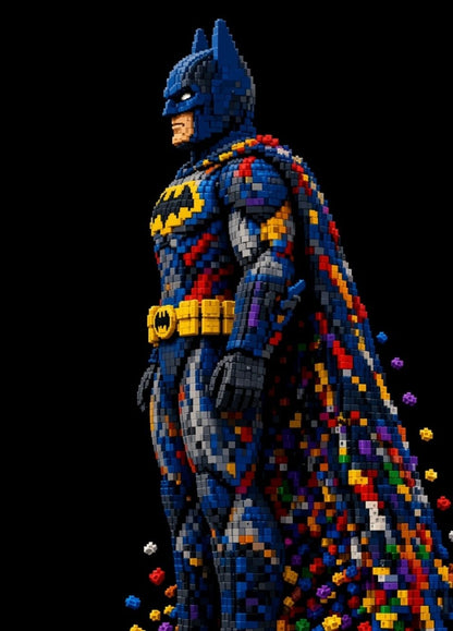 Tableau pop art Batman en pixels colorés sur fond noir

