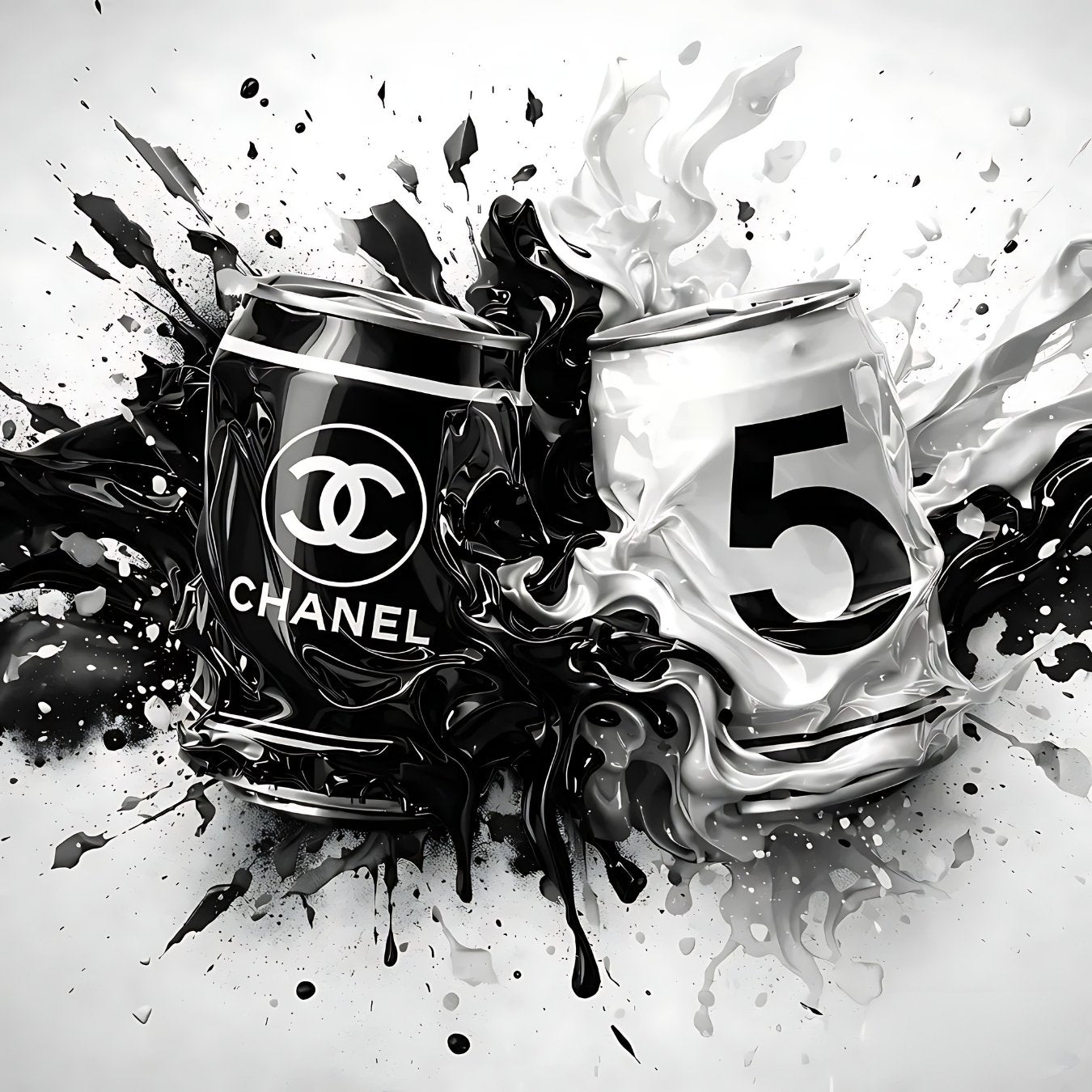 Tableau pop art noir et blanc inspiré du parfum iconique Chanel pour décoration murale chic et contemporaine.
