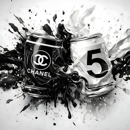 Tableau pop art noir et blanc inspiré du parfum iconique Chanel pour décoration murale chic et contemporaine.
