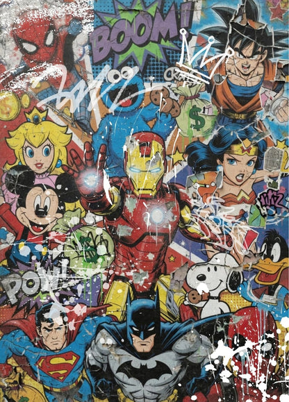 Tableau pop art comics vintage avec super héros et univers geek contemporain

