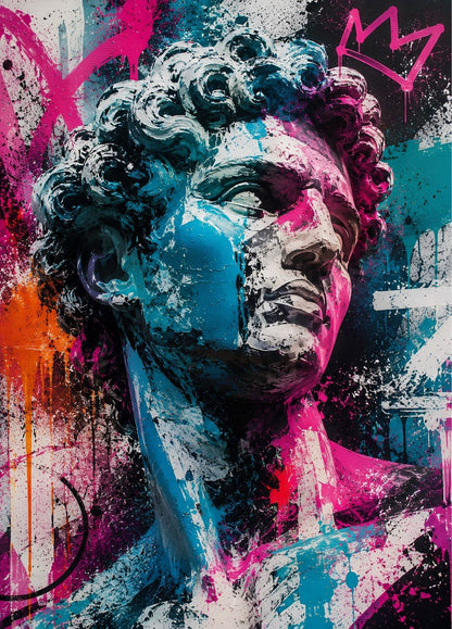 Tableau pop art David revisitant une sculpture classique avec couleurs vives et esthétique street art moderne
