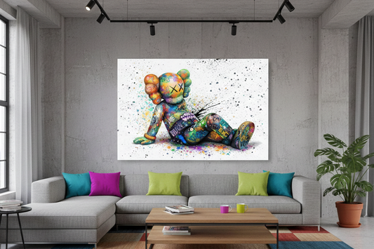 Tableau mural pop art inspiré de l’univers KAWS pour intérieur moderne
