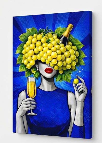 Tableau design pop art détail visage féminin raisins composition graphique moderne
