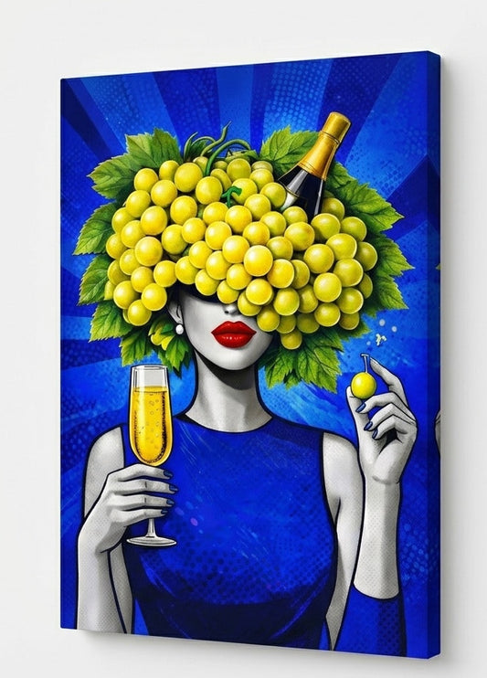 Tableau design pop art détail visage féminin raisins composition graphique moderne

